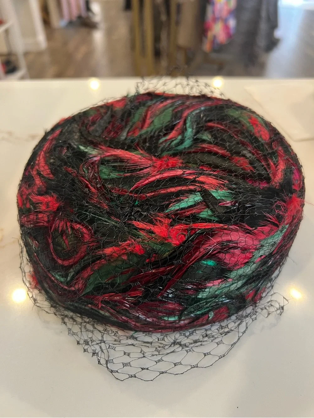 Vintage B. Forman Black Pillbox Hat with Red and Green Feather Detail and Veil